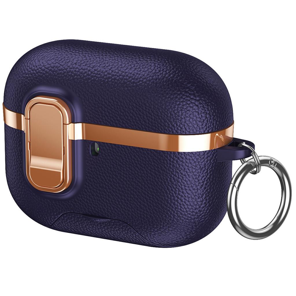 For AirPods Pro 3 Case Foldable Stand Electroplated Litchi Texture TPU PC Earbuds Cover with Switch / Carabiner