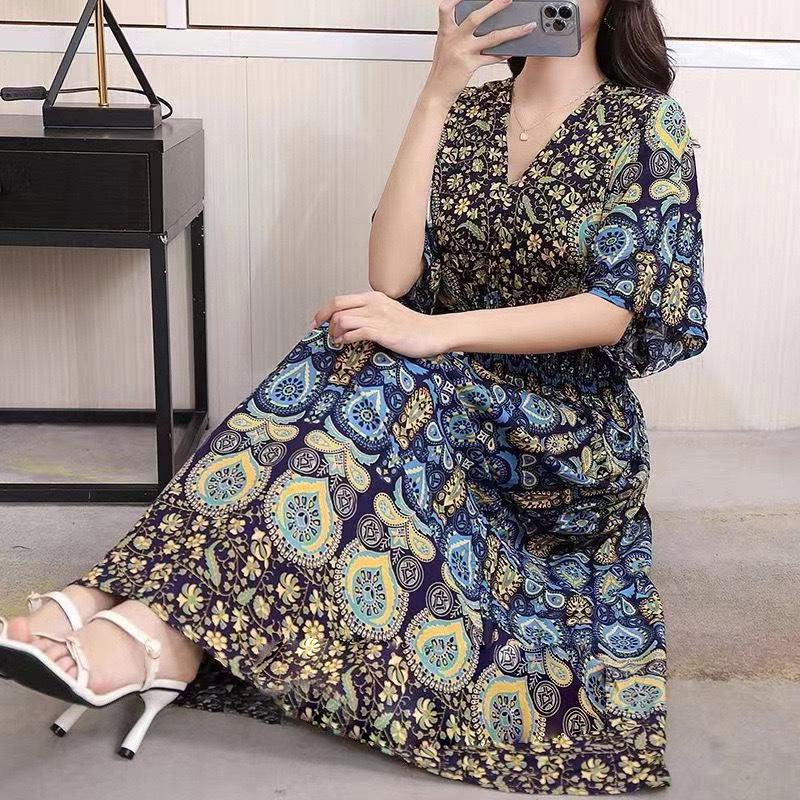 Ethnic Style V-neck Cotton and Silk Short-sleeved Beach Dress Thailand Travel Dress Summer Print Vacation Floral Skirt
