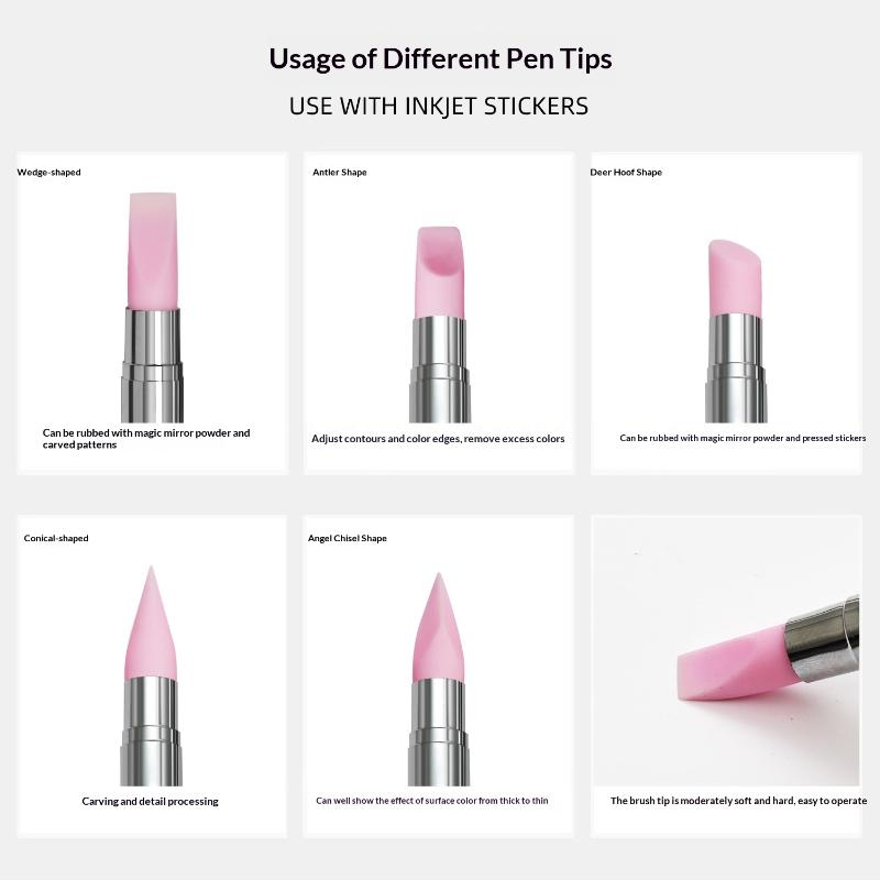 5Pcs/Set Pink Dual Ended Sculpture Pen Manicure Brush Rhinestone Nail Art Silicone Pen 3D Flower Carving Dotting Nail Tool