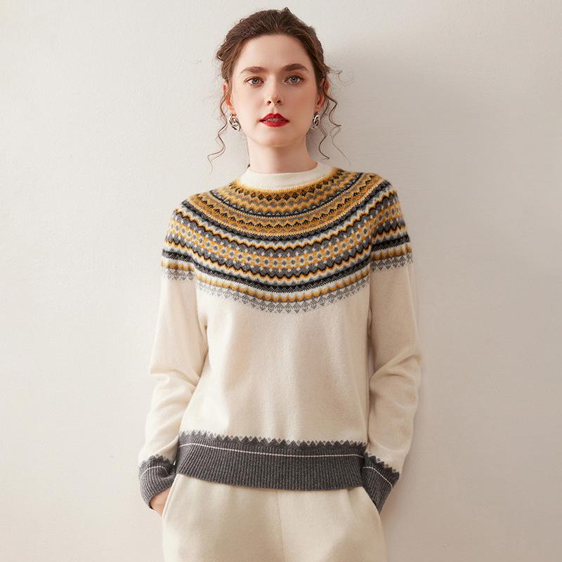 2025 Autumn/Winter Fair Isle Color Block Cashmere Women's Loose Fit Slimming Sweater