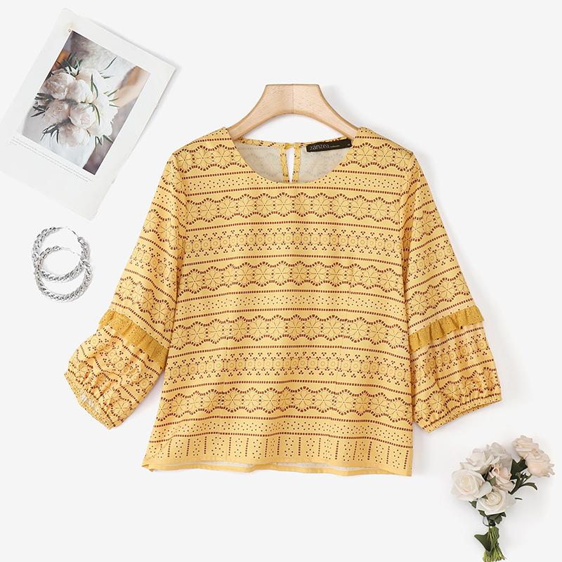 ZANZEA Women Casual Round Neck Loose 3/4 Sleeve Print Blouse