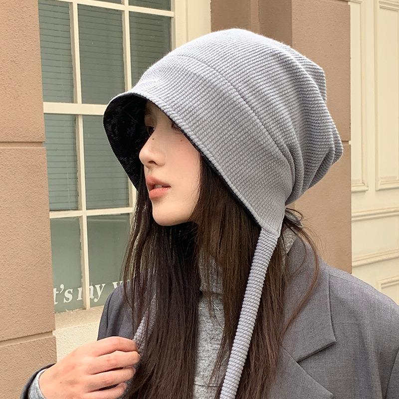 Double-sided can be worn, autumn and winter hats, women's headgear hats, big head circumference showing face, small pile hats, warm knitted cold hats
