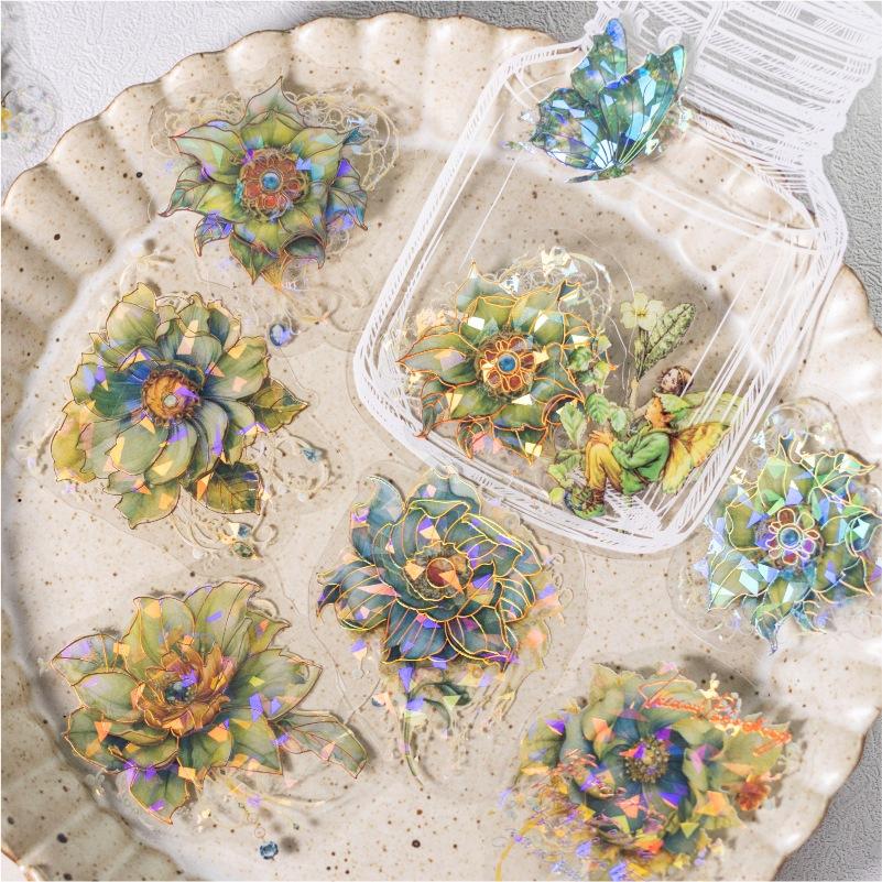 Pearlescent Floral Stickers - 20pcs Shell Glow Flower Decals for Journal & Craft Decor (Iridescent Effect)