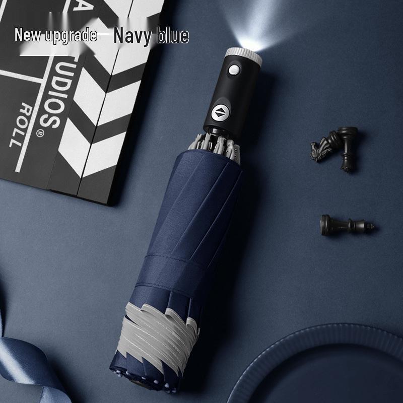 Three-Fold Automatic Reverse Umbrella with Reflective Edging & LED Light, Customizable Logo, All-Weather Protection for Business Use