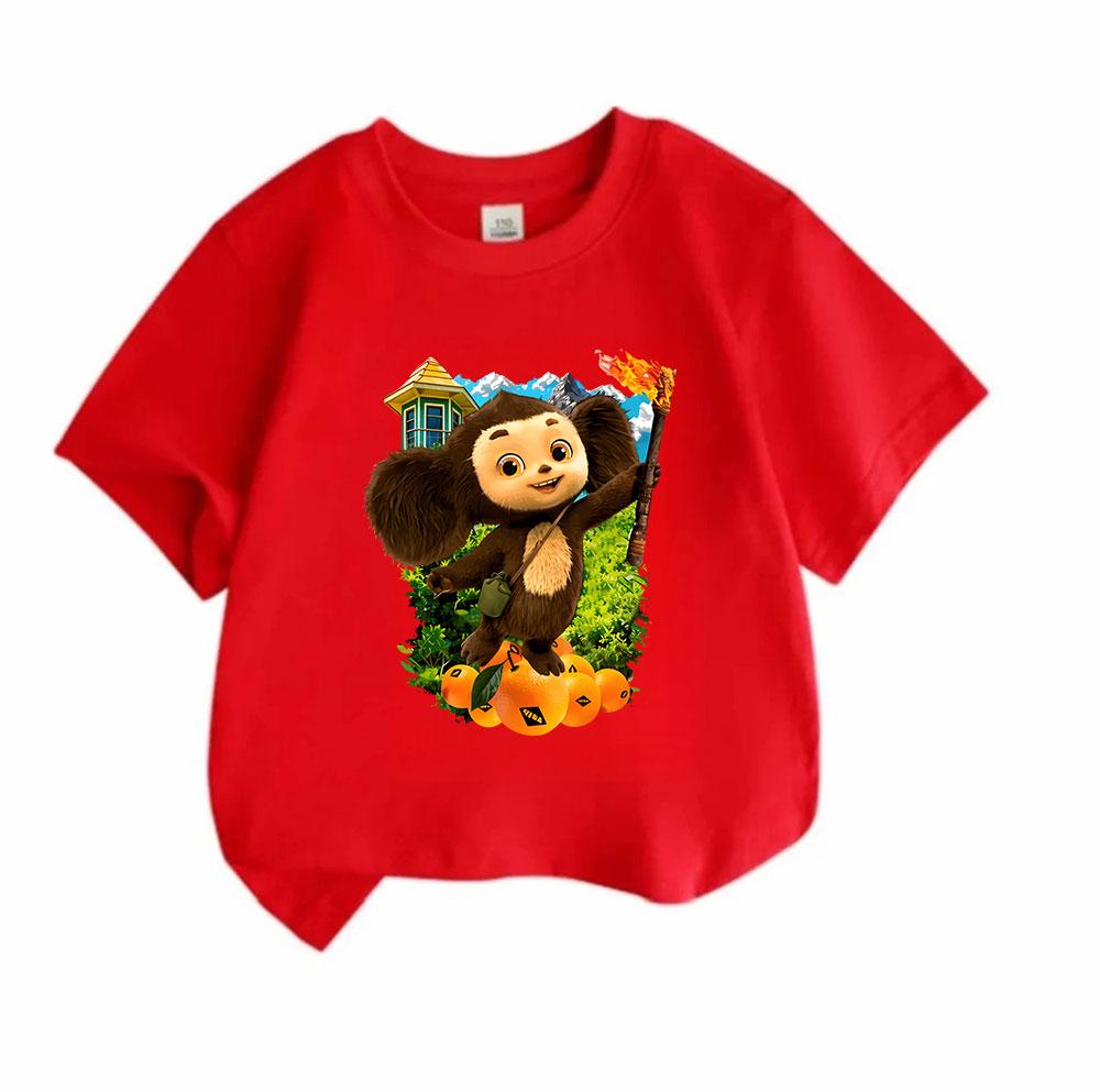 Unisex Kids Boys Girls Crew Neck Short Sleeve 100% Cotton T-Shirt, Cute Cheburashka Print Tee with Torch Orange Pattern Casual Soft Summer Daily Wear