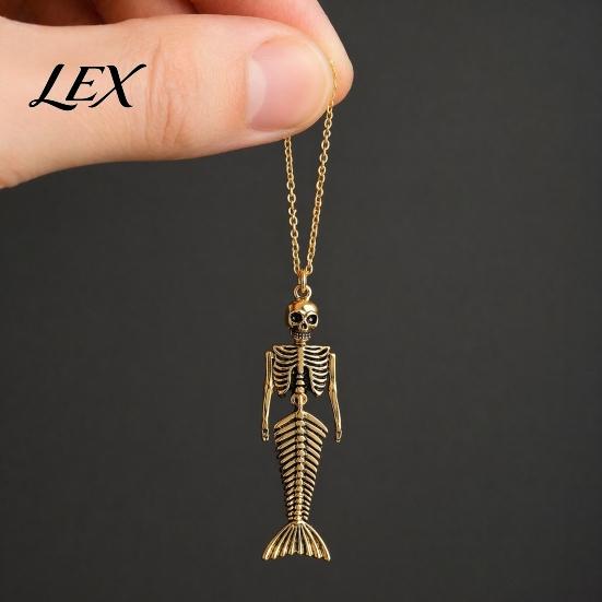 Exotischer Dunkler Ästhetik Anhänger Totenkopf Meerjungfrau Skelett Halskette, Gotischer Fantasy Schmuck Geheimnisvoll Ozeanisch für Damen, Kreatives Gruseliges Accessoire, Einzigartig