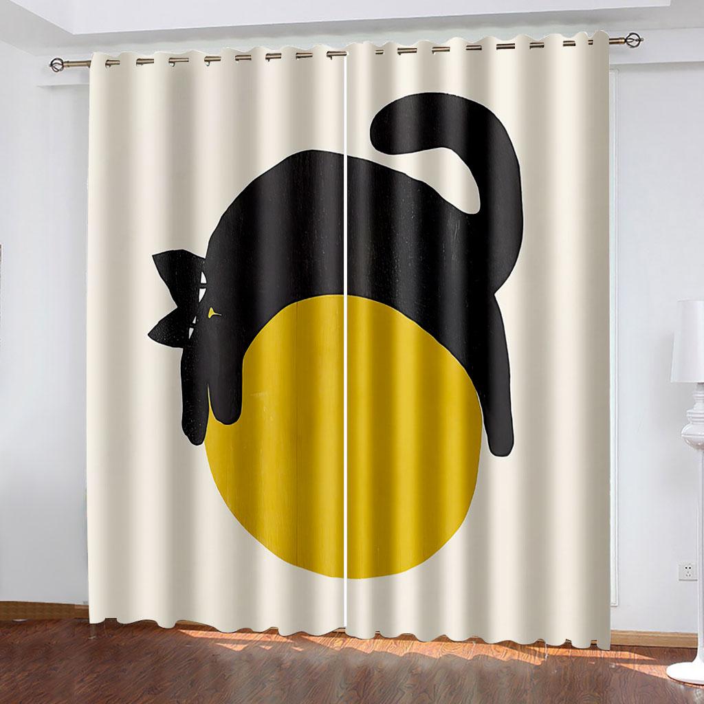 Polyester Window Curtain for Bedroom and Living Room, 2 Panel Decor Hooks, Black Cute Cat, Thin Shading, 130x240, Free Shipping