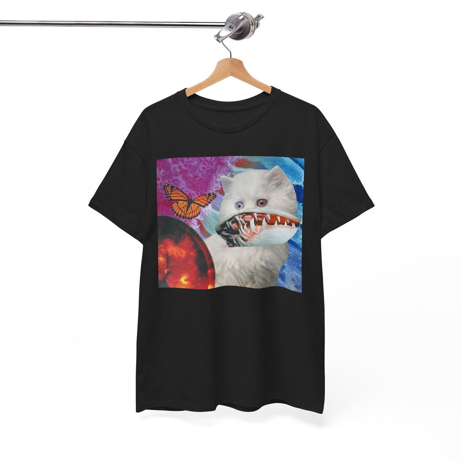 Shark-Mouth Cat Graphic Tee | Surreal Butterfly Space Collage S