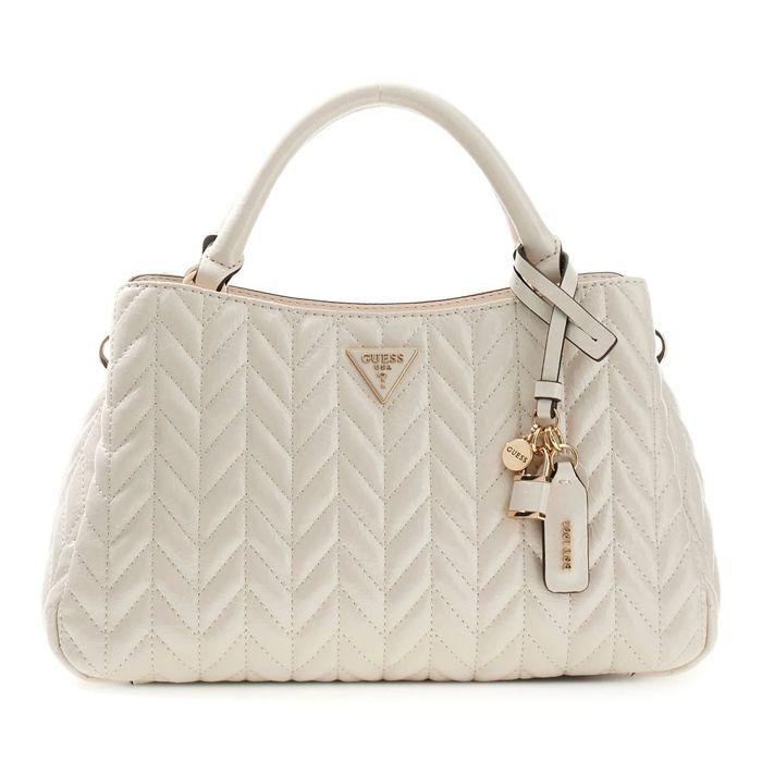 GUESS Sac à main crème pour femme - Cheryl Triple Compartment Satchel Stone 338815