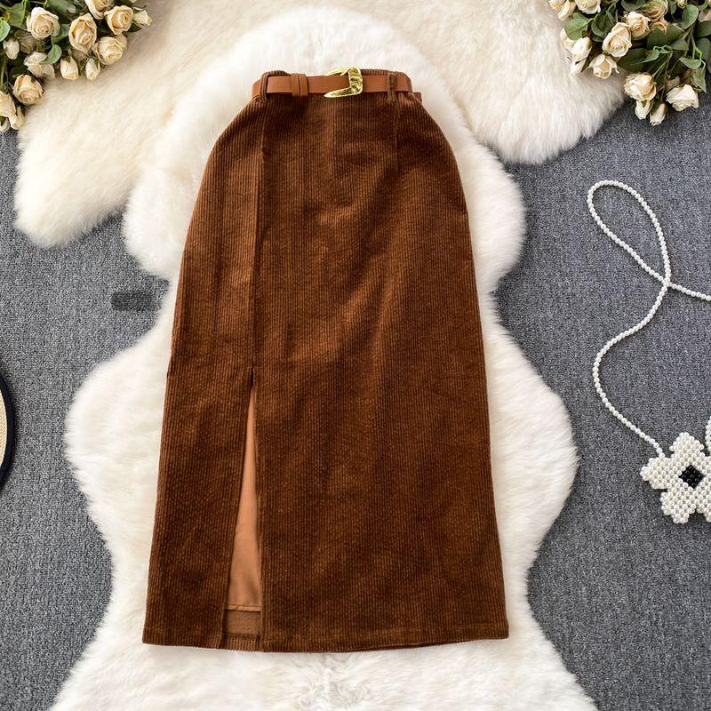 

Ретро Вельветовая Миди Длинная Юбка с Разрезом до Колена Brown S