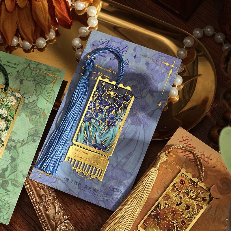 1pcs/4pcs Flowing Light Impression Series - Oil Painting Style Flower Hollowout tassel Metal Bookmark Student Account Marker