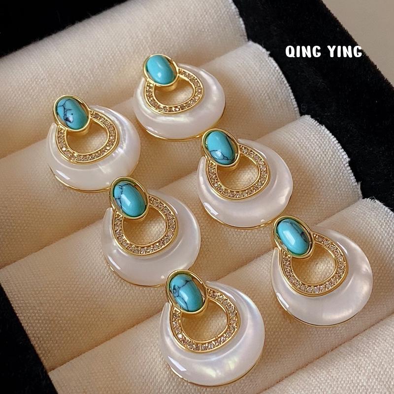 Elegant Retro Chinese-Style Turquoise Water Drop Earrings with Mother-of-Pearl Standard
