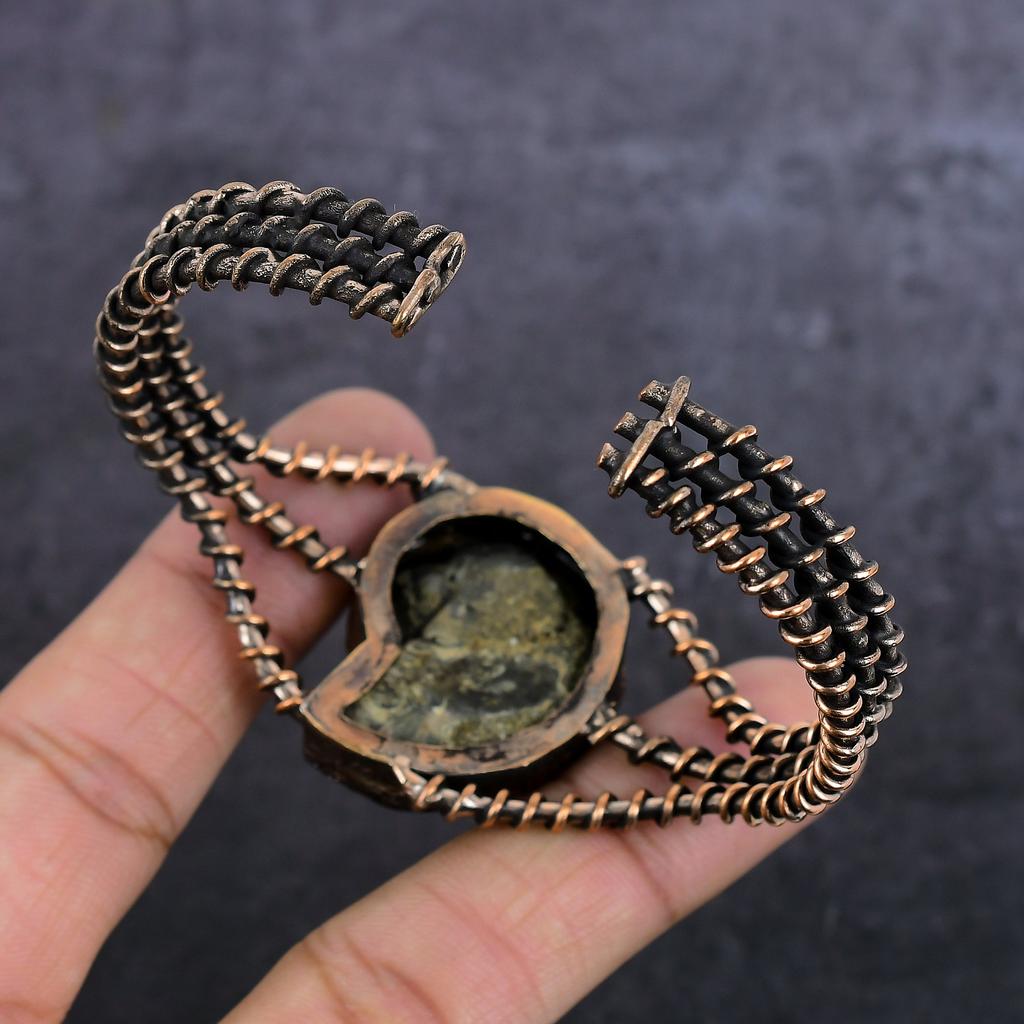 Natural Ammonite Fossil Gemstone Copper Wire Wrap Cuff Bangle Adjustable U1l28