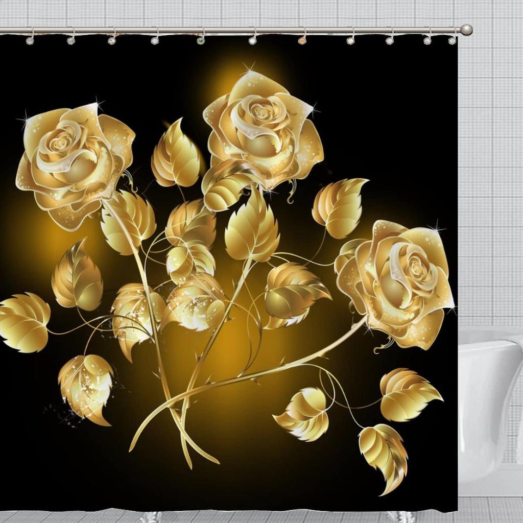 Purple Rose Shower Curtain Retro Floral Shower Curtains Waterproof Gold Classical Chic Elegant Flowers Vintage Bathroom Curtains