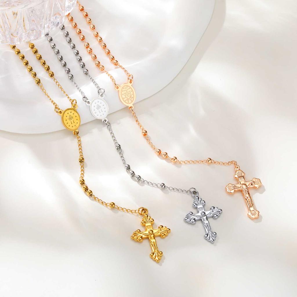 Stainless Steel Prayer Beads Rosary Necklace with Cross Pendant, Y-Shaped Long Chain Virgin Mary Necklace, Religious Jewelry