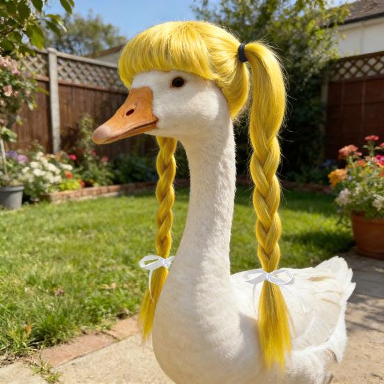 Porch Goose Wig Cute Goose Statue Braid Wig Funny Double Braids with Adjustable Elastic Band for Lawn Goose Statue Yard Garden Outdoor Decoration