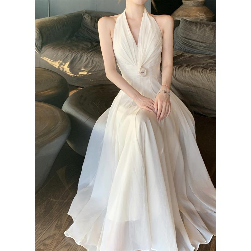 Gentle and Romantic Sleeveless Collar Neck Dress Design Sense Twist Pleated Waist Long Dress Seaside Vacation Dress S