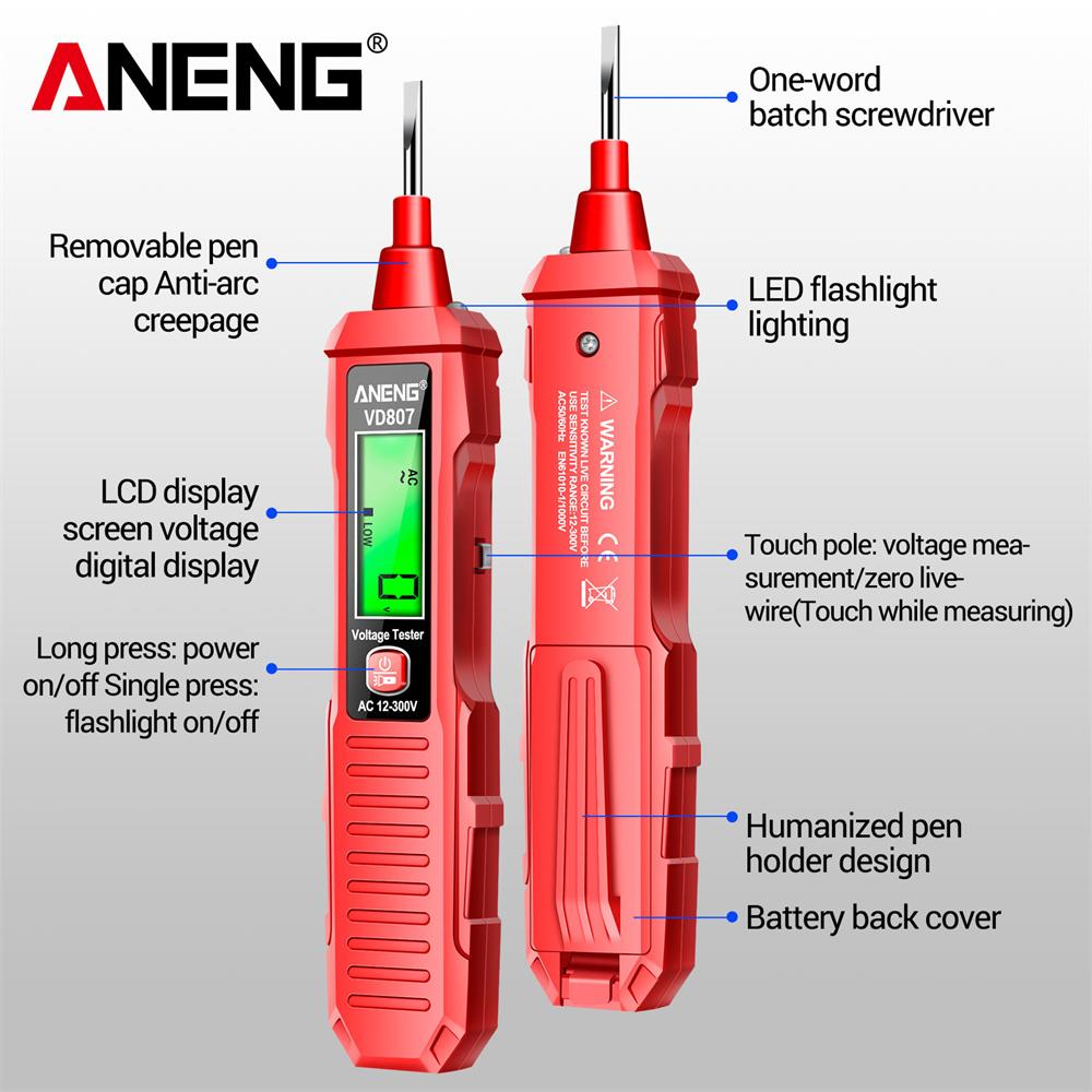 ANENG VD807 One-word Electric Pen Tester NCV Sensor AC 12-300V Non-contact Wire Detector Tools  Induction Portable 50/60Hz Smart