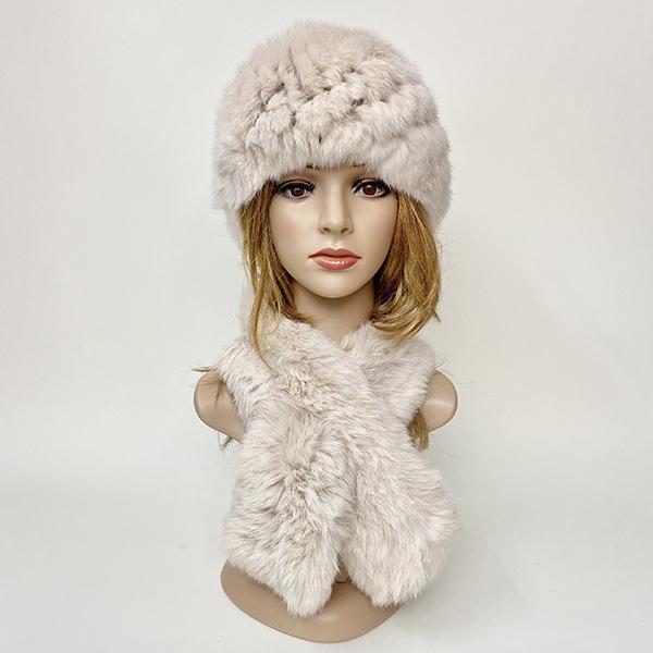 Winter Warm Rabbit Fur Hat Scarf Set Natural Fur Knitted Shawl High Elastic Women Beanie