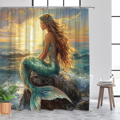Duschvorhang Meerjungfrau mit goldenem Haar: Türkisfarbener Schwanz, Meeres-Sonnenuntergang, Polyester, 12 Haken, maschinenwaschbar, Fantasy-Kunst.