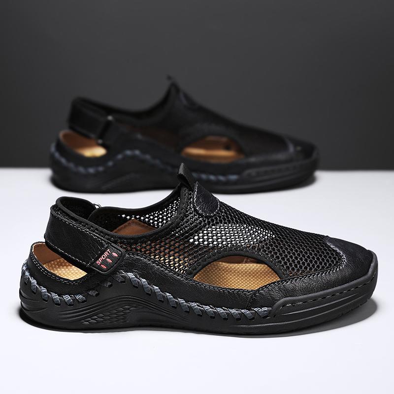 

Men Sandals Leather Summer Casual Shoes for Man Slip on Outdoor Walking Shoe Hand Made Sandalias Breathable Mesh Soft Comfortabl 38 чёрный