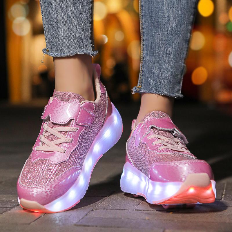 TUINANLE LED Luminous Children's Rechargeable Running Shoes with Wheel Skates Multi Light Breatheable Boy Girl