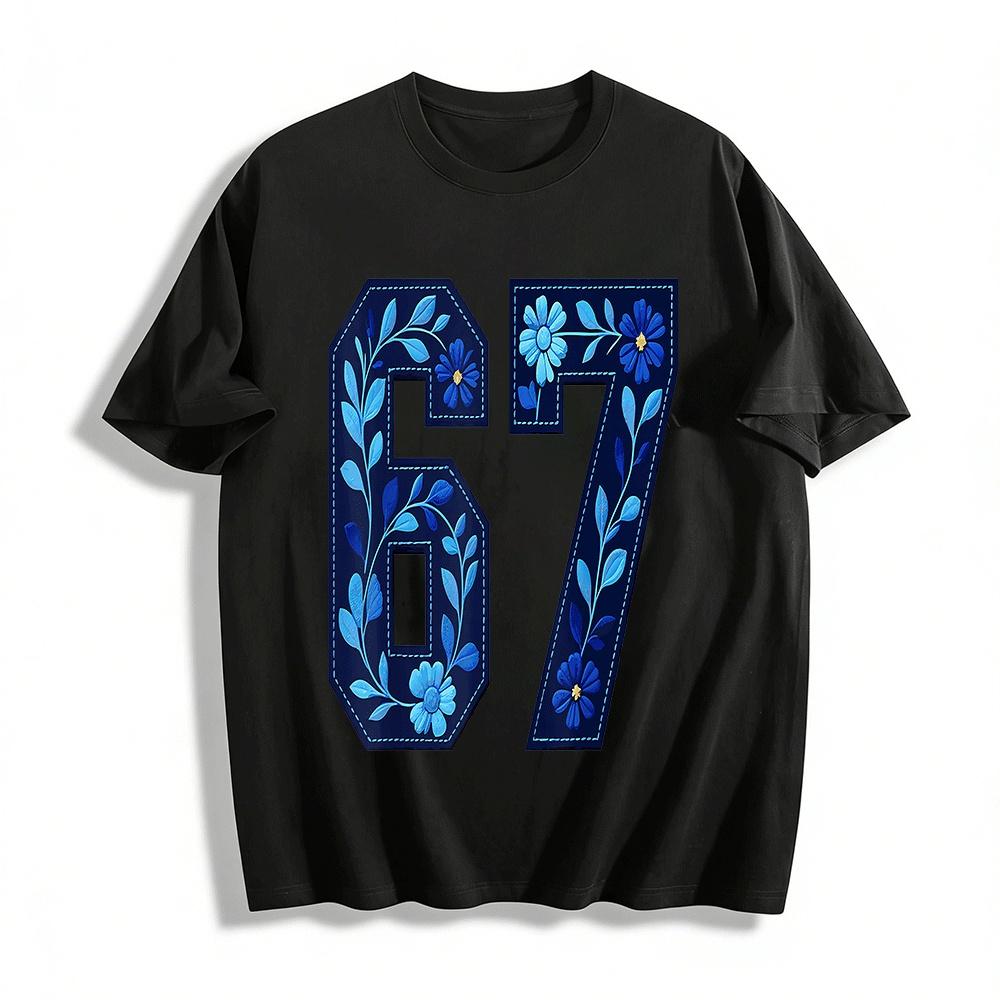 Vintage Blue Floral No.67 Print Casual Tshirt Unisex Loose Top Pure cotton T-shirt XXS