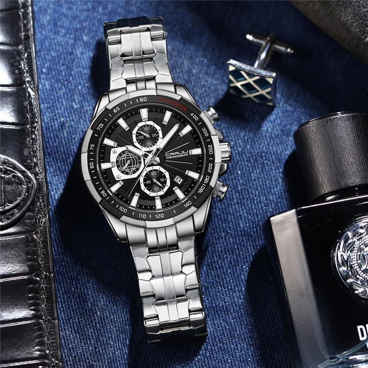 CRRJU New Watch 2305 Men's Watch Solid Stainless Steel with Six-pin Steel Strap Business Watch