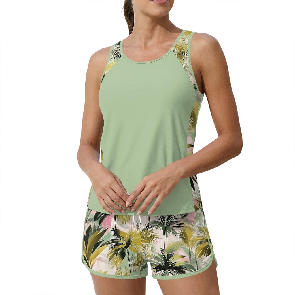 Womens Two Piece Tankini Swimsuits 2026 Tummy Control Athletic Tank Top with Printed Swim Shorts Pockets S 6XL