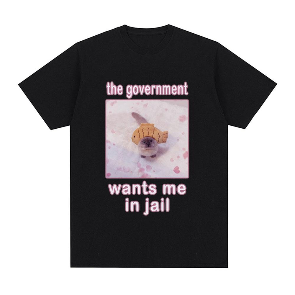 The Government Wants Me In Jail Funnt Cat Meme T Shirts Men's Women Fashion Harajuku T-shirt Cotton Casual Short Sleeve T-shirts