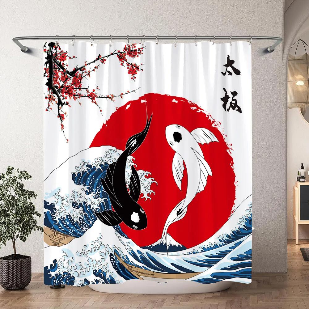 Japanese Cherry Blossom Watercolour Print Shower Curtain Koi Waves Chinese Ink Painting Polyester Shower Curtains Bathroom Decor