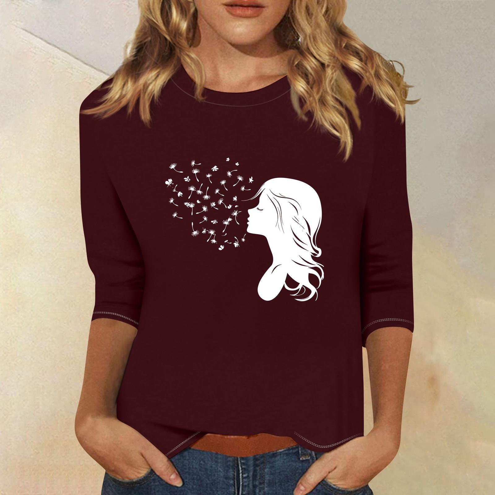 

Топи з рукавами 3/4 для жінок Футболка Повсякденні топи з принтом Футболка з круглим вирізом Пуловер Блуза XXL винний