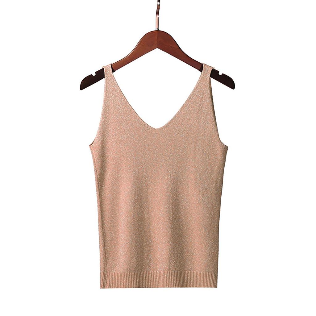 Women's Tank Top With Knitted Sequins Sexy Sleeveless V Neck Tank Top T-Shirt Casual Sequins Strappy T-Shirt Elegant Blouse