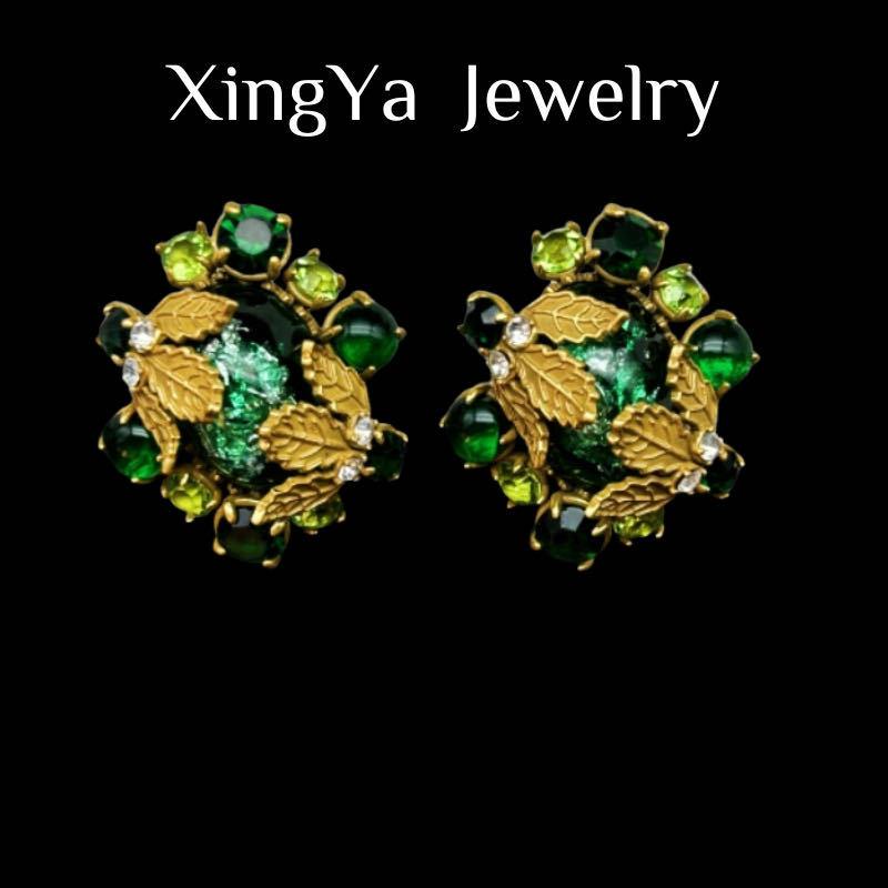Винтажные Изысканные Позолоченные Натуральным Золотом Серьги в Дворцовом Стиле Элегантные Универсальные изумрудный