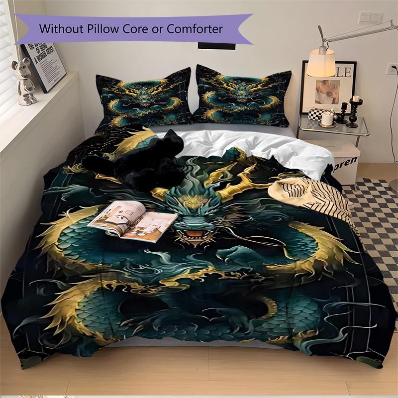 3pcs Dragon Fantasy Anime Cartoon Design Comforter Set with 1 Quilt Cover and 2 Pillowcases (No Core), Home Decor, Festival Gift, Polyester Fabric
