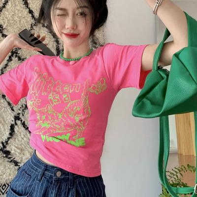 Sommer lustige Cartoon T-Shirts Damen O-Ausschnitt Kurzarm reine Baumwolle T-Shirt lässig Elastisch Skinny y2k Crop Tops Damenkleidung