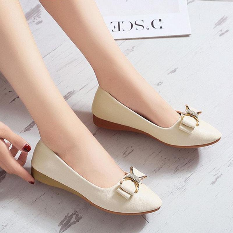 Spring Woman Flats Shoes Ballets Metal Buckle Bow Ladies Ballerina Dress Pointed Toe Slip on Loafers OL Office Casual Sapatos