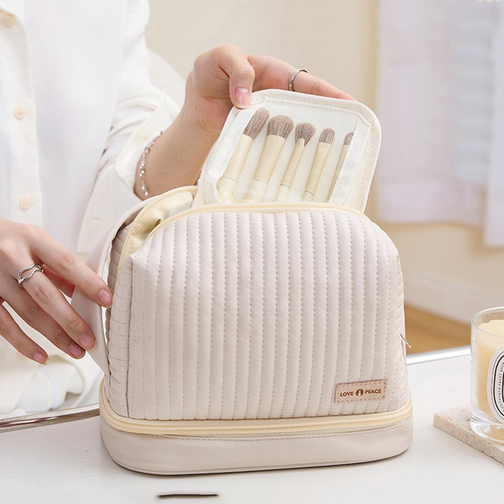 PU Makeup Brushes Pouch Dry Wet Separation Double-layer Toast Cake Shape Storage Bag Waterproof Large-capacity for Business Trip