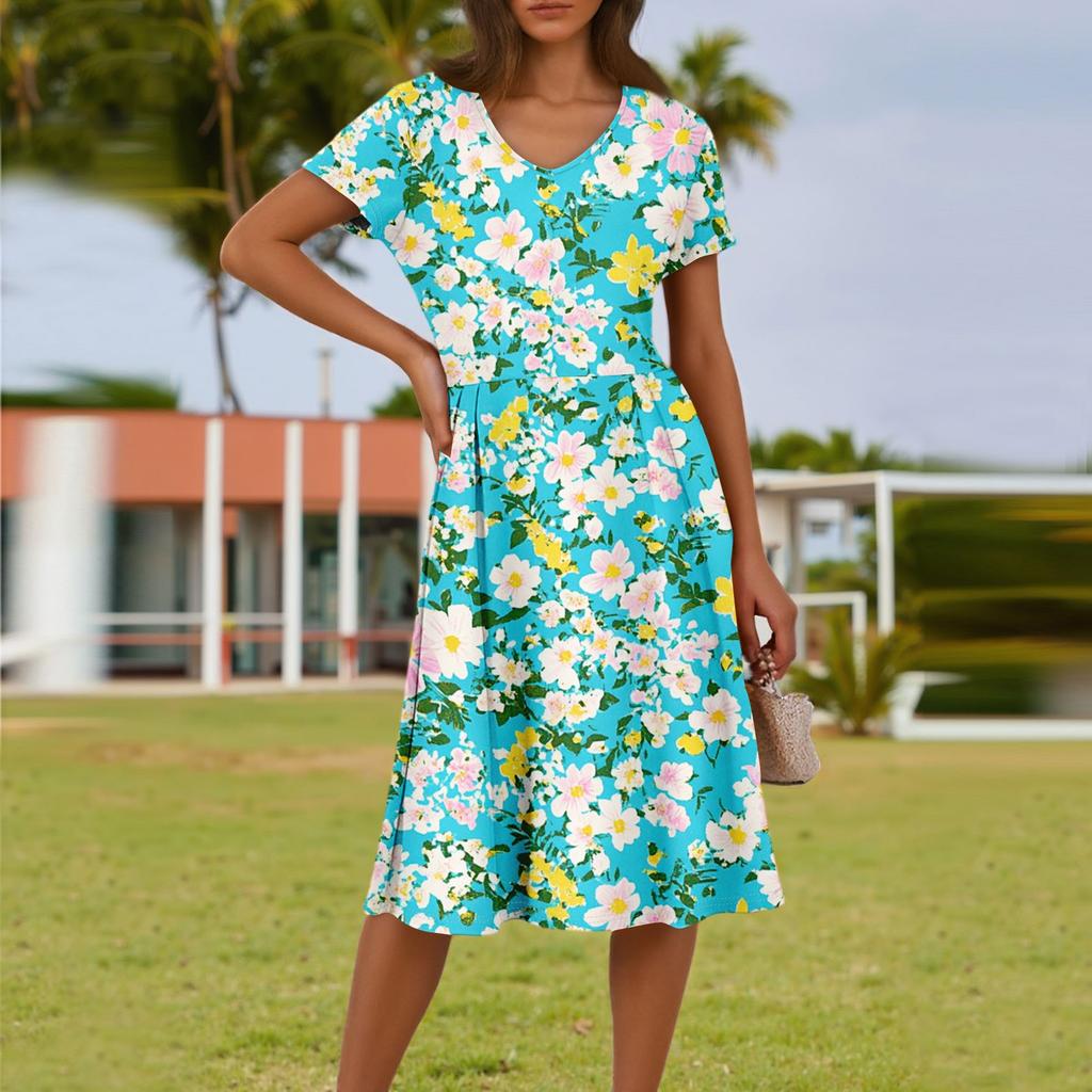 Ladies Summer Fashion Casual Floral Print V-Neck Short Sleeve Pocket Dress