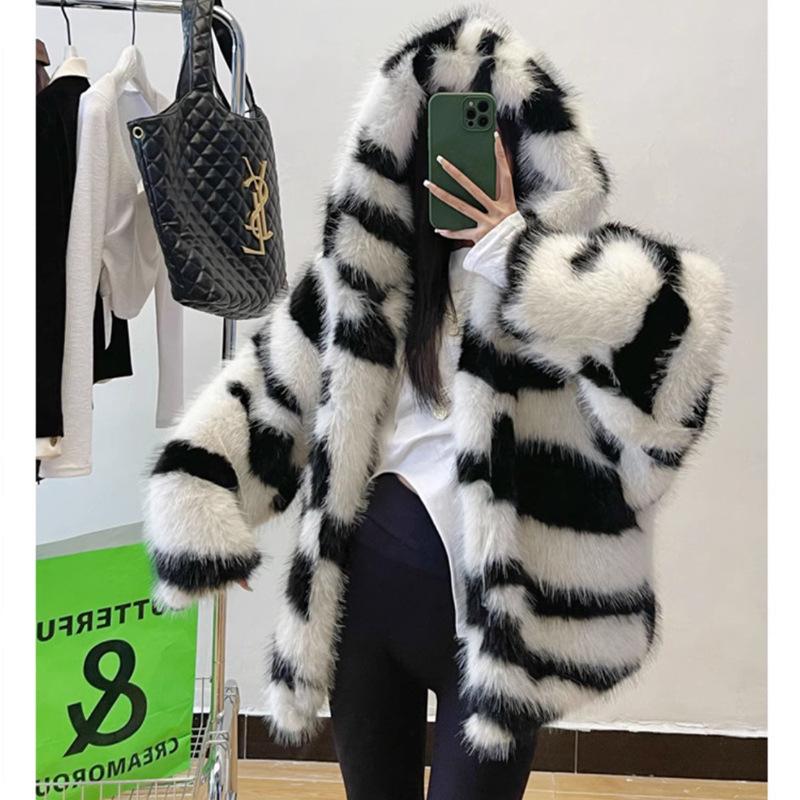 Women's fur coat zebra pattern hooded imitation fox fur coat young thickened winter warm jacket