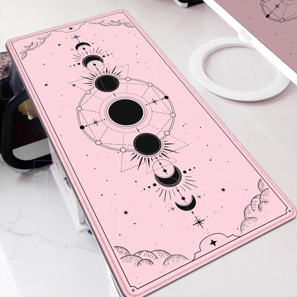 Weiß & Schwarz Schreibtischunterlage Gaming Tarot Astrologie Ästhetik Gummi-Mauspad 120x60cm Cartoon Himmlische Mondphasen Rutschfestes Mauspads