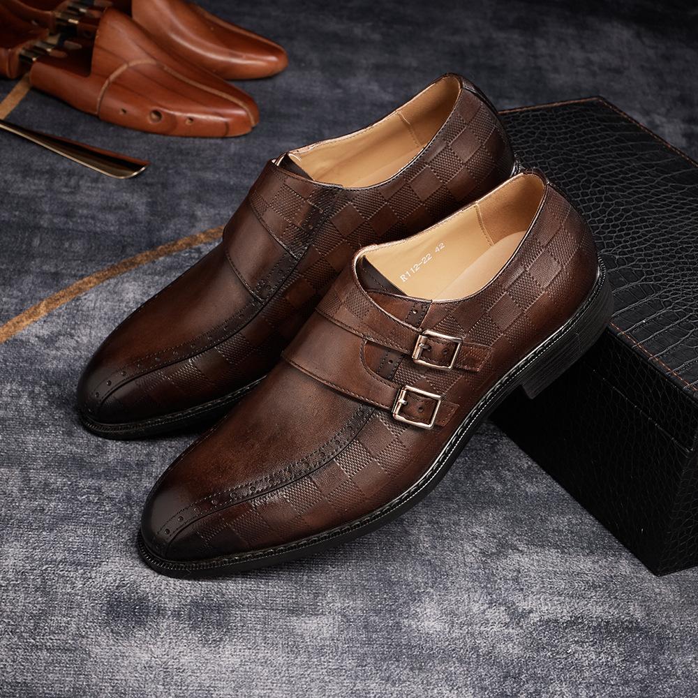 Leather Shoes Men'S Handmade Leather Dress Metal Buckle Business Men'S Shoes Casual Breathable British Engraved Monk Shoes