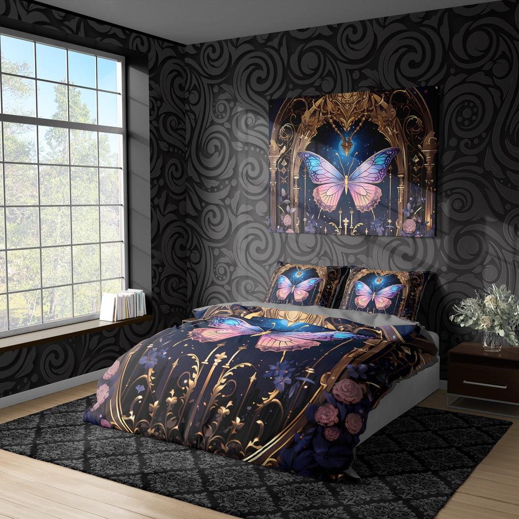 Blue Pink Monarch Butterfly Duvet Cover Dark Royalty Quilt Cover, Witchcore Blanket Cover Whimsigothic Bedding Set, Hippie Goth Bedspread