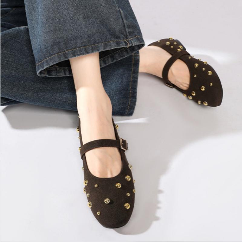 Fashion Round Toe Rivets Women Mary Jane Shoes Brown Faux Suede Metal Belt Non-slip Soft Sole Retron Design 2025 Spring Ladies Flats