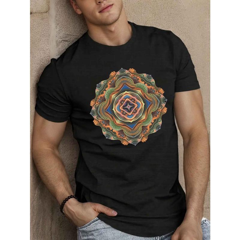 

European Size [Polyester Graphic Tee] Breathable Polyester Men s Graphic Tee - Psychedelic Mandala Casual Short Sleeve T-Shirt, Summer Fashion Top 4XL чорний