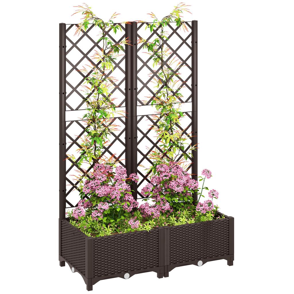 Raised Garden Bed with Trellis, Plastic Planter Box with Drainage Holes, Drain Plugs and Water Reservoirs for Climbing Plants, Vegetables, Flowers