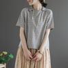 Nouveau T-shirt d'été polyvalent pour femme en coton et lin, manches courtes, coupe ample et amincissante, patchwork à carreaux, haut décontracté