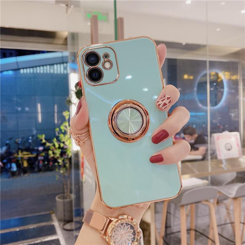 Luxury Ring Holder Case For iPhone 11 7 8 Plus Gold Plating Metal Stand Phone Cover For iPhone 12 Pro Max XS XR SE 2020 Silicone