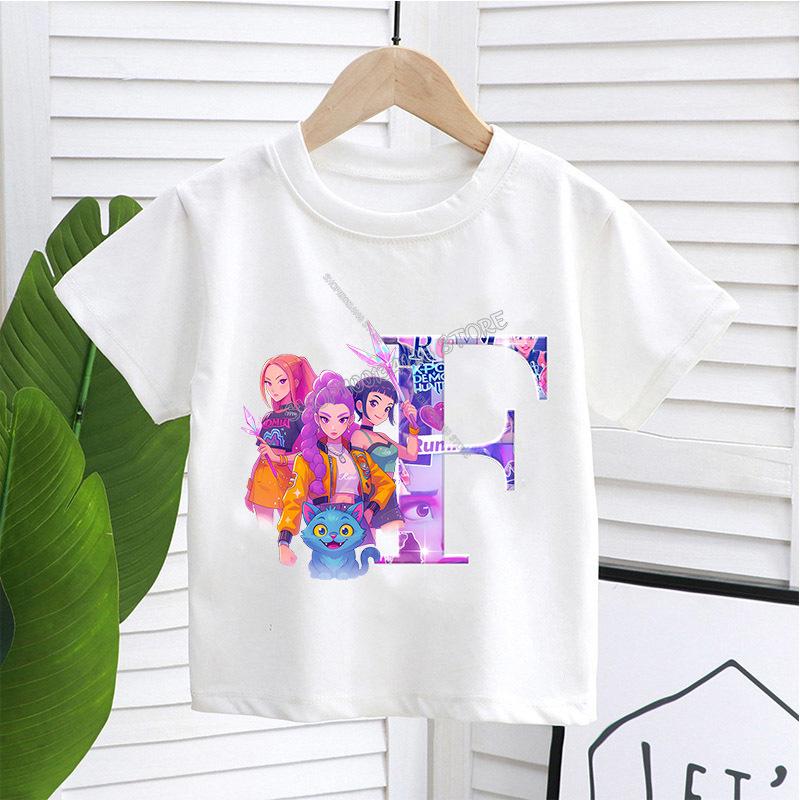 KPop Demon Hunters White T-shirt for Children A-Z Letters Tee Top Cartoon Round Collar Clothes Kids Short Sleeve Clothing Gift