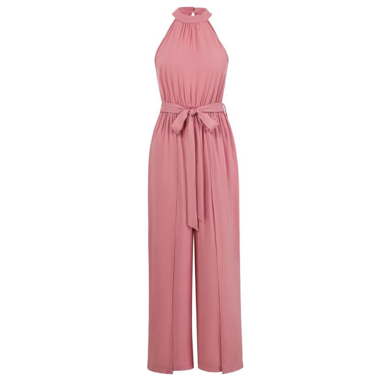 Summer Women Casual Sleeveless Halter Jumpsuit Loose High Waist Wide Leg Pants Solid Color Belt Jumpsuits Sizes S XL